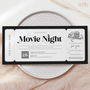 Filmabend Geschenkgutschein, bearbeitbare Filmabendeinladung, Kinokartenvorlage, personalisierte Kinokarte, druckbarer Coupon für jeden Anlass