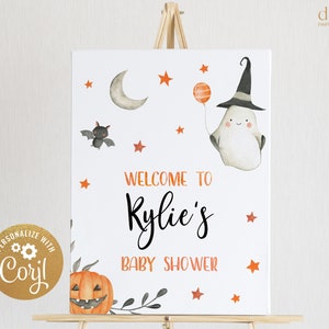 Little Boo Baby Shower Welcome Sign, Editable Halloween Baby Shower Welcome Sign Template, Printable Ghost Welcome Sign, Spooky, Corjl BS062