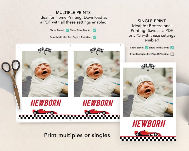 May include: Two printable 4x6 inch photo cards with a newborn baby photo and a red race car graphic. The text "NEWBORN" is printed in red on each card. The cards are designed for home printing or professional printing.
