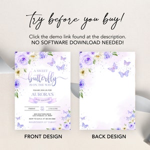 EDITABLE Butterfly Baby Shower Invitation, Magical Garden Invite Template, Floral Lilac Purple and Gold Girl Party Instant Download BS130 image 6