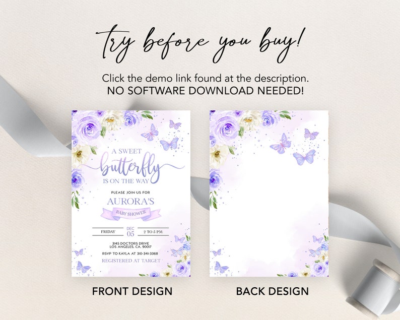 EDITABLE Butterfly Baby Shower Invitation, Magical Garden Invite Template, Floral Lilac Purple and Gold Girl Party Instant Download BS130 image 6