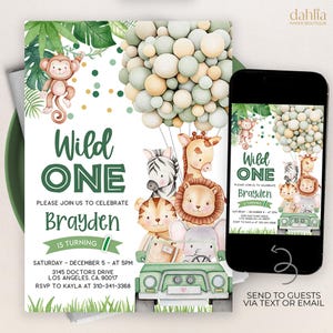 Wild One Birthday Boy Invitation, EDITABLE Safari Animals Party Invite Template, Jungle Safari Theme First Birthday, Instant Download, KP398
