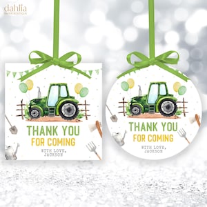 EDITABLE Green Tractor Thank You For Coming Gift Tag, Outdoor Ranch Party Favor, Printable Farm Birthday Round Tag, Instant Download, KP327