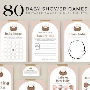 May include: A set of printable baby shower games with a light brown background and illustrations of steamed buns. The games include baby bingo, first year bucket list, draw baby, parenting tip jar, baby or beer belly, and labor or love.