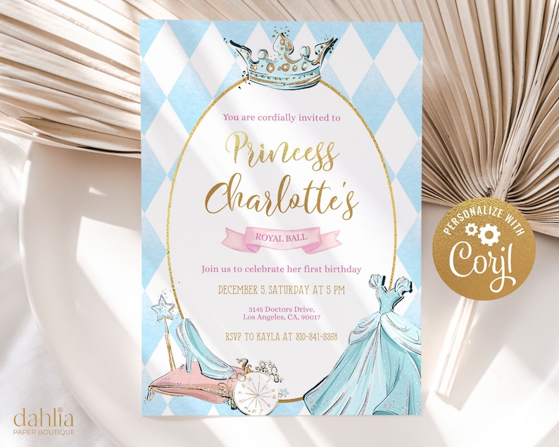 Cinderella Birthday Invitation EDITABLE Princess Party Invite Template Royal Ball Invite Castle Crown Fairytale Instant