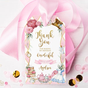 Etiqueta de presente de aniversário de Alice no país das maravilhas, obrigado por ter vindo, etiqueta EDITÁVEL de lembrança de menina Onderland, festa de chá extravagante, download instantâneo, KP191