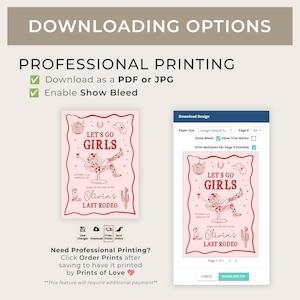 May include: A pink and red printable invitation for a girls' last rodeo party. The invitation features a cartoon illustration of a woman wearing a cowboy hat and boots, sitting on a chair with a drink in her hand. The text on the invitation reads "Let's Go Girls" and "Olivia's Last Rodeo".
