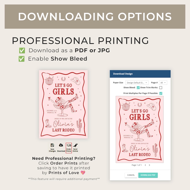 May include: A pink and red printable invitation for a girls' last rodeo party. The invitation features a cartoon illustration of a woman wearing a cowboy hat and boots, sitting on a chair with a drink in her hand. The text on the invitation reads "Let's Go Girls" and "Olivia's Last Rodeo".