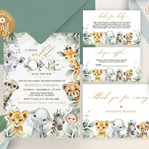 EDITABLE Safari Baby Shower Invitation Set, A Wild One is on the Way Baby Shower Set, Jungle Baby Shower, Safari Animal, Jungle Animal BS109