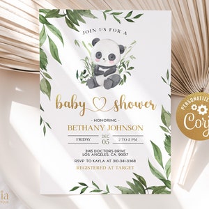 BEWERKBARE Panda baby shower uitnodiging sjabloon, afdrukbare groen Panda baby shower uitnodigen, aquarel Panda bamboe, Instant Download BS123