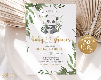May include: A white baby shower invitation with a gold border and a panda bear illustration. The text reads "Join us for a baby shower" and includes the name "Bethany Johnson", the date "December 5th", the time "2 to 5 PM", the address "3145 Doctors Drive, Los Angeles, CA, 90017", and the RSVP information. The invitation also includes the text "Personalized with Corjl" and "Registered at Target".