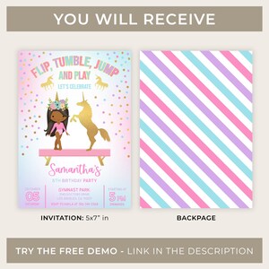 K&ouml;nnte beinhalten: Eine rosa und blaue Einladung mit einem Einhorn und einem M&auml;dchen auf einem Schwebebalken. Der Text lautet "Flip, Tumble, Jump and Play" und "Samantha's 8th Birthday Party". Die Einladung ist 12,7 x 17,8 cm gro&szlig;.