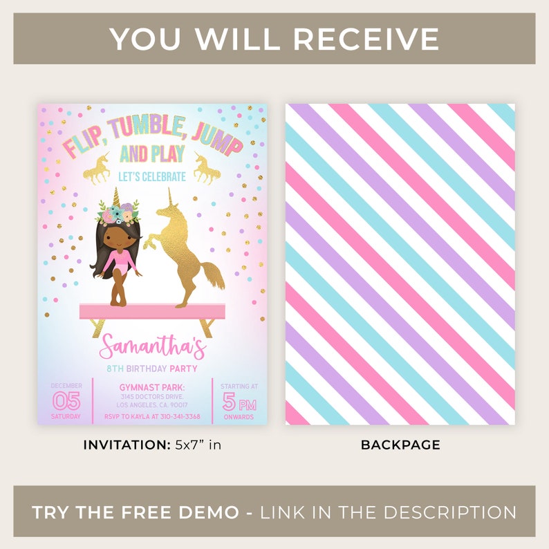 K&ouml;nnte beinhalten: Eine rosa und blaue Einladung mit einem Einhorn und einem M&auml;dchen auf einem Schwebebalken. Der Text lautet "Flip, Tumble, Jump and Play" und "Samantha's 8th Birthday Party". Die Einladung ist 12,7 x 17,8 cm gro&szlig;.