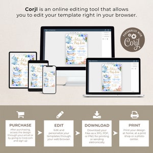 Op de afbeelding: Een digitale mockup van een blauwe en gouden thee-party uitnodiging met de tekst "Let's ParTea" op een desktop computer, tablet en smartphone. De uitnodiging wordt bewerkt met behulp van de Corjl online bewerkingstool.
