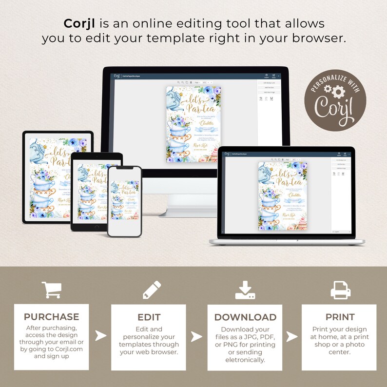 Op de afbeelding: Een digitale mockup van een blauwe en gouden thee-party uitnodiging met de tekst "Let's ParTea" op een desktop computer, tablet en smartphone. De uitnodiging wordt bewerkt met behulp van de Corjl online bewerkingstool.