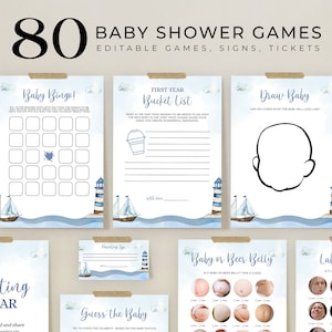 Puede incluir: Un conjunto de juegos para baby shower con temática náutica. Los juegos incluyen Baby Bingo, una lista de deseos del primer año y un juego de Dibujar al bebé. Los diseños presentan ilustraciones en acuarela de veleros, faros y nubes. El texto "80 Baby Shower Games" está en la parte superior.
