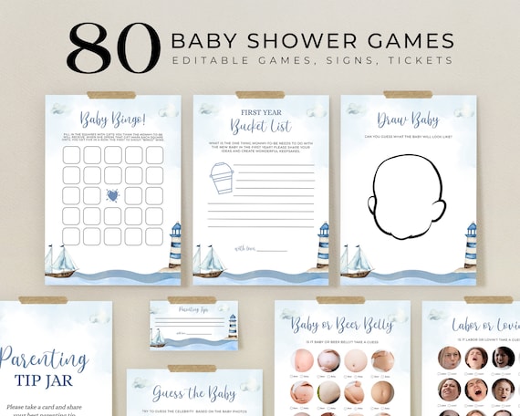 Ahoy It's A Boy Baby Shower Games, EDITABLE Blue Boat Baby Sprinkle Game Bundle, Watercolor Nautical Games Set, Under The Sea Signs, BS177
