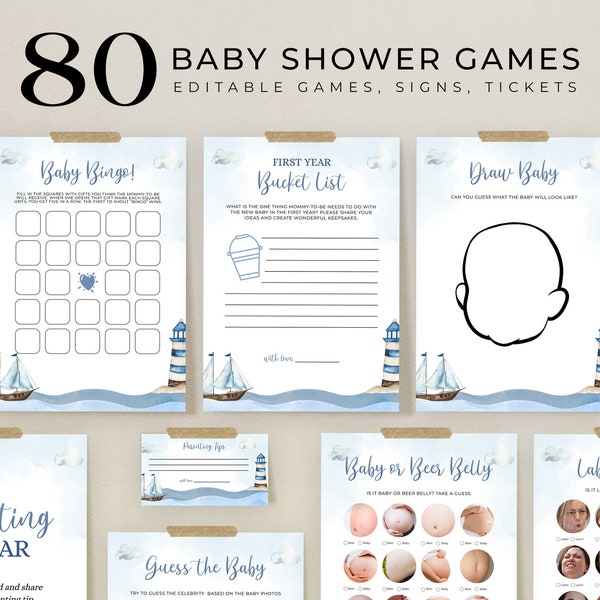 Ahoy It's A Boy Baby Shower Games, EDITABLE Blue Boat Baby Sprinkle Game Bundle, Watercolor Nautical Games Set, Under The Sea Signs, BS177