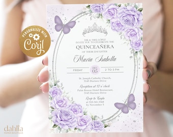 Lavender Purple and Silver Quinceañera Invitation, EDITABLE Lilac Butterfly Party Invite, Mis Quince Anos, Floral Roses 15th Birthday, Q058