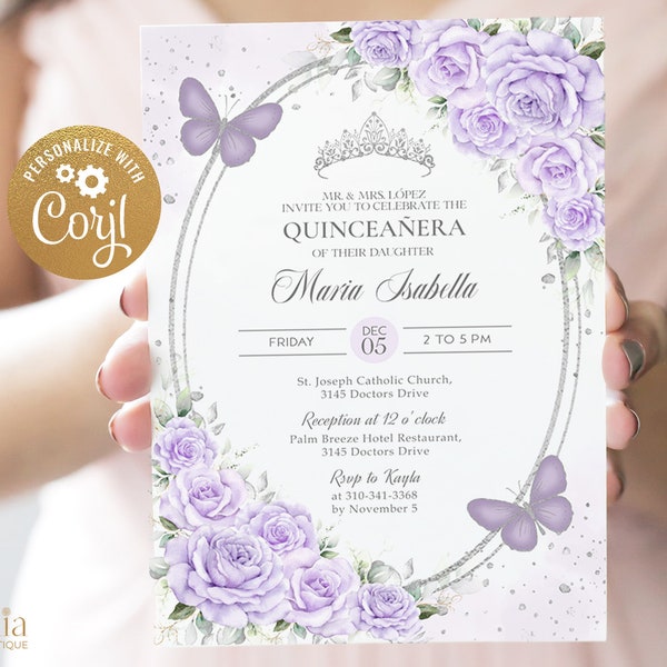 Invitación a Quinceañera de color púrpura lavanda y plata, invitación a fiesta de mariposa lila EDITABLE, Mis Quince Anos, rosas florales 15 cumpleaños, Q058