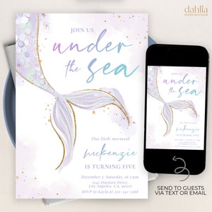 Under The Sea 1st Birthday Invitation, EDITABLE Mermaid Girl Party Invite Template, Magical Sea Life, Purple Mermaid, Instant Download KP184