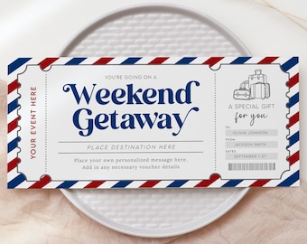 Weekend Getaway Gift Voucher, Editable Weekend Away Coupon Ticket, Birthday Trip Travel Voucher, Printable Trip Away Gift Certificate Unisex