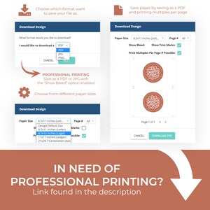 May include: A screenshot of a website showing how to download a design as a PDF or JPG file. The website offers options for paper size, including 8.5x11 inches, 8.5x14 inches, and 11x17 inches. The website also offers the option to print multiples per page to save paper.