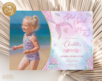 May include: A pink and blue mermaid-themed birthday invitation with a photo of a young girl in a swimsuit. The invitation says "Splish Splash It's a Mermaid Bash" and includes the name "Charlotte's 3rd Birthday".