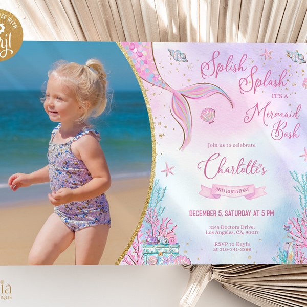 Mermaid Birthday Invitation with Photo, EDITABLE Mermaid Party Invite Template, Under The Sea, Magical, Pink Gold, Instant Download, KP031