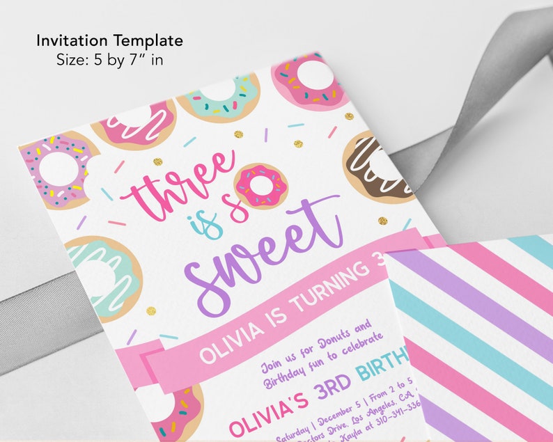 Donut 3rd Birthday Invitation Editable Donut Birthday Invitation Template Donut Party Doughnut Three is So Sweet Instant