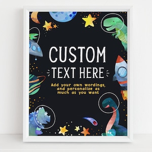 Signo de texto personalizado del cumpleaños del dinosaurio espacial, decoración editable de la fiesta del espacio exterior, estandarte fuera de este mundo, niños jurásicos, descarga instantánea, KP109