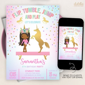 K&ouml;nnte beinhalten: Eine rosa und blaue Einladung mit goldenem Glitzer f&uuml;r eine 8. Geburtstagsfeier. Die Einladung zeigt eine Cartoon-Gymnastin auf einem Schwebebalken mit einem Einhorn. Der Text lautet "Flip, Tumble, Jump and Play, Let's Celebrate, Samantha's 8th Birthday Party, December 05, Saturday, Starting at 5 PM Onwards, Gymnast Park: 3145 Doctors Drive, Los Angeles, CA. 90017, RSVP to Kayla at 310-341-3368".