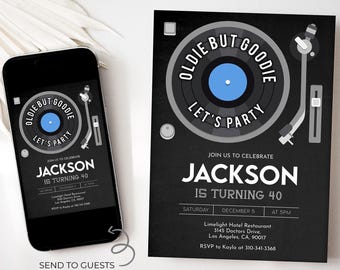Inbjudan till födelsedagsfest med vinylskiva, redigerbar "Oldie But Goodie"-fest, 30-års-, 40-års-, 50-års-inbjudan, blå utskrivbar rockkonsert för nedladdning, AP038