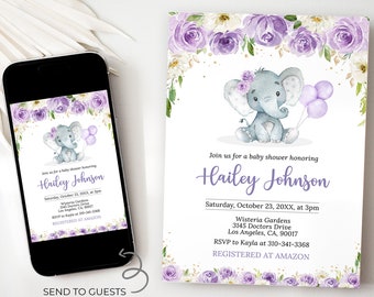 May include: Purple and white floral baby shower invitation with a cute gray elephant holding purple balloons. The invitation includes the text "Join us for a baby shower honoring Hailey Johnson" and the date and time of the event. The invitation also includes the address and RSVP information. The invitation is registered at Amazon.