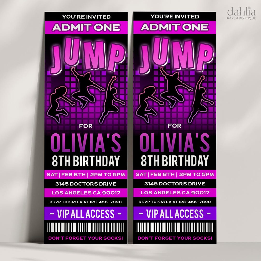 Jump Ticket Invitation, Editable Jump Birthday Invite, Pink Trampoline ...