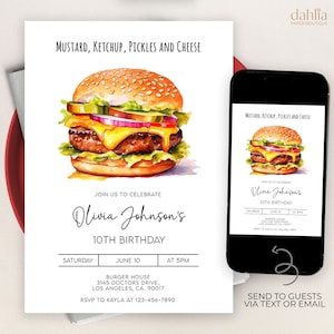 May include: A watercolor illustration of a hamburger with the text "Mustard, Ketchup, Pickles and Cheese" on a white background. The invitation is for Olivia Johnson's 10th birthday party. The party is on Saturday, June 10th at 5pm at Burger House, 3145 Doctors Drive, Los Angeles, CA, 90017. RSVP to Kayla at 123-456-7890.