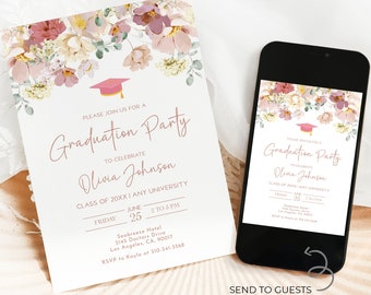 Graduation Party Invitation Template Editable, Wildflower Graduation Announcement Invite, Pink Floral Graduation Party Invite Download, G003