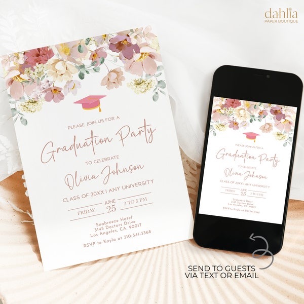 Graduation Party Invitation Template Editable, Wildflower Graduation Announcement Invite, Pink Floral Graduation Party Invite Download, G003