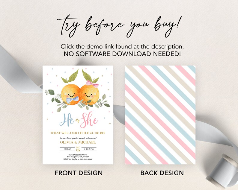 May include: A gender reveal invitation with a watercolor illustration of two oranges with faces, wearing a bow tie and a bow. The text reads "He or She? What will our little cutie be?" and includes the names Olivia and Michael, the date, time, and RSVP information.