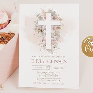 Convite de batismo Boho EDITÁVEL, modelo de cruz floral para impressão, convite digital de batismo rosa bebê, grama de pampas, download instantâneo BP005