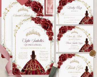 May include: A set of Quinceañera invitations with a red, gold, and white color scheme. The invitations feature a watercolor illustration of red roses and a crown. The text on the invitations reads "You are invited to Sofia Isabella's Quinceañera, Saturday, November 26, 20XX".