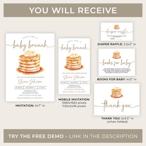 May include: Printable baby shower invitation set with a watercolor illustration of a stack of pancakes. The set includes an invitation, a thank you card, a diaper raffle card, and a books for baby card. The invitation is 5x7 inches, the thank you card is 5x3.5 inches when folded, the diaper raffle card is 3.5x2 inches, and the books for baby card is 4x3 inches.