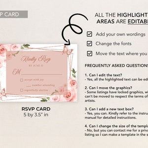 Puede incluir: Una tarjeta RSVP rosa y dorada con un dise&ntilde;o floral y mariposas. La tarjeta tiene una secci&oacute;n para que los invitados acepten con alegr&iacute;a, indiquen el n&uacute;mero de asistentes o declinen con pesar. La tarjeta mide 5 por 3,5 pulgadas.