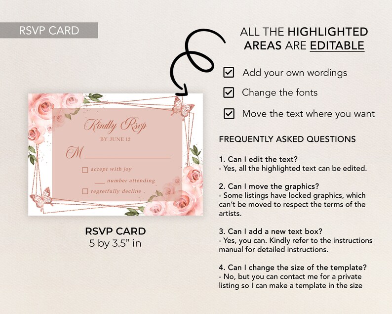 Puede incluir: Una tarjeta RSVP rosa y dorada con un dise&ntilde;o floral y mariposas. La tarjeta tiene una secci&oacute;n para que los invitados acepten con alegr&iacute;a, indiquen el n&uacute;mero de asistentes o declinen con pesar. La tarjeta mide 5 por 3,5 pulgadas.