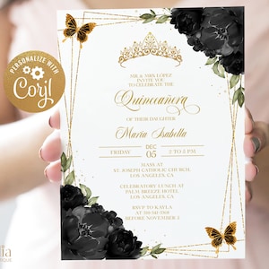 Elegant Black and Gold Quinceañera Invitation, EDITABLE Tiara Rose 15th Birthday Party Invite Template, Mis Quince Anos, Easy Download Q017