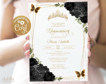 Elegant Black and Gold Quinceañera Invitation, EDITABLE Tiara Rose 15th Birthday Party Invite Template, Mis Quince Anos, Easy Download Q017