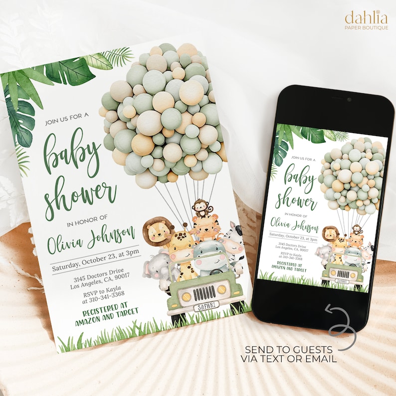 May include: Baby shower invitation featuring a safari theme. The invitation includes a watercolor illustration of safari animals in a jeep, with a balloon arrangement. The invitation is also displayed on a smartphone.