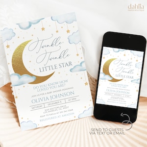 Twinkle Twinkle Little Star Baby Shower Invitation, EDITABLE Blue Cloud and Stars Invite, Gold Moon Couples Shower Template, Baby Boy, BS257