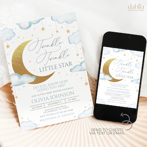 Twinkle Twinkle Little Star Baby Shower Uitnodiging, BEWERKBARE blauwe wolk en sterren uit te nodigen, gouden maan paren douche sjabloon, babyjongen, BS257