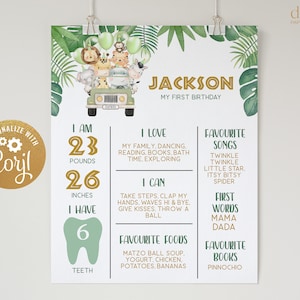 Cartel del hito del primer cumpleaños de Safari, plantilla de signo de cumpleaños de niño EDITABLE, 1er cumpleaños del bebé, animales de la selva, salvaje, descarga instantánea